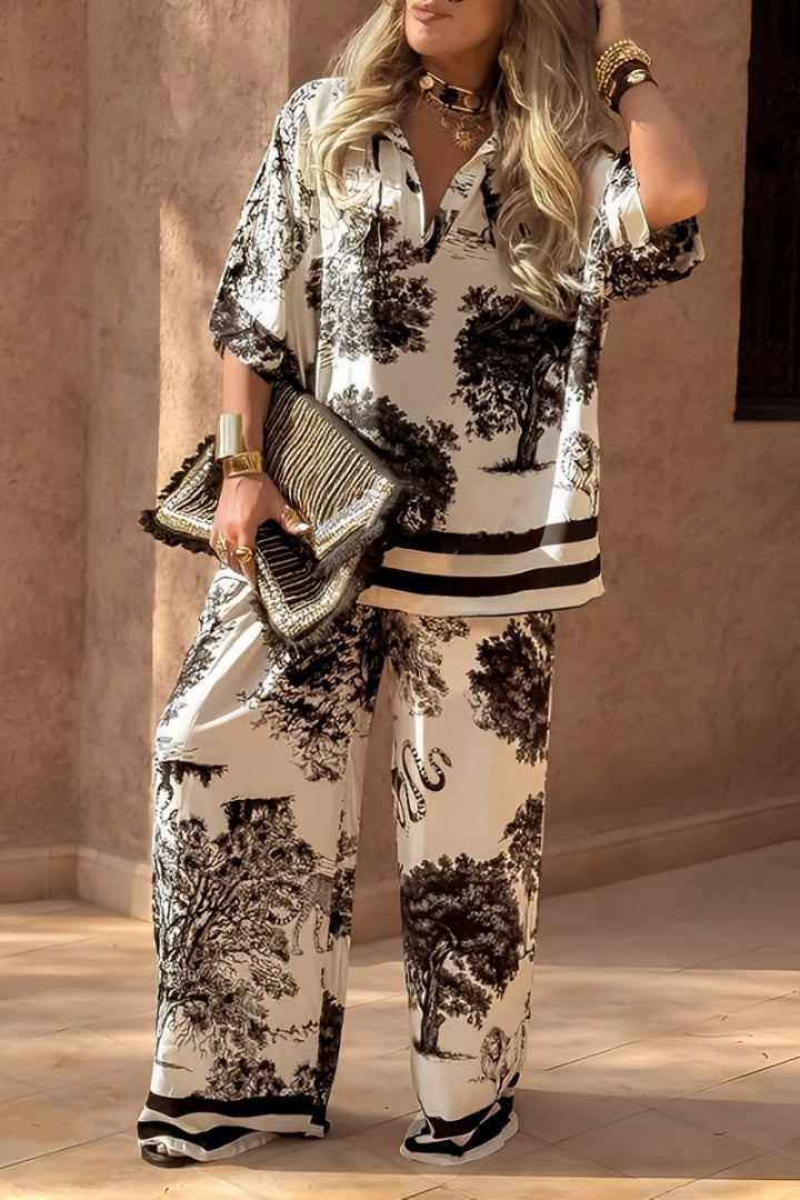 Conjunto casual de top con cuello en V y pantalón estampado para mujer